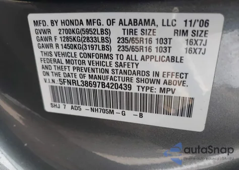 2007 Honda Odyssey Ex-L z USA, uszkodzony, nr VIN 5FNRL38697B420439